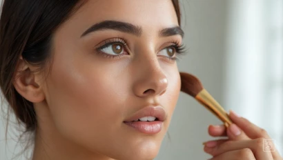 Een vrouw brengt foundation aan met een kwast.