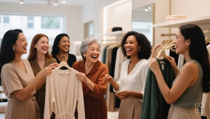 Vrouwen passen kleding in een winkel.