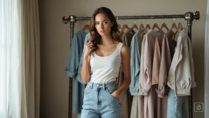 Vrouw die verschillende outfits past voor de spiegel.