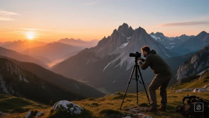 Landschapsfotograaf bij zonsondergang