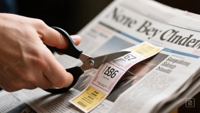 Hand knipt coupons uit een krant.