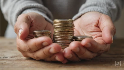 Handen die munten stapelen, symbool voor groei en sparen.