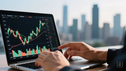 Handen analyseren aandelenkoersen op een laptop.