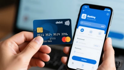 Hand houdt pinpas bij bankapp.