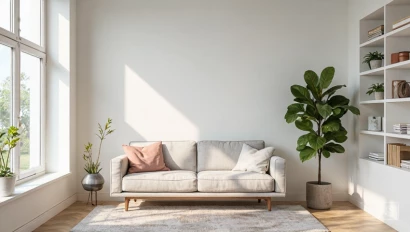 Opgeruimde woonkamer met georganiseerde planken.