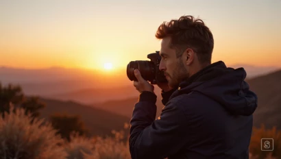 Professionele fotograaf in het landschap tijdens de gouden uur.