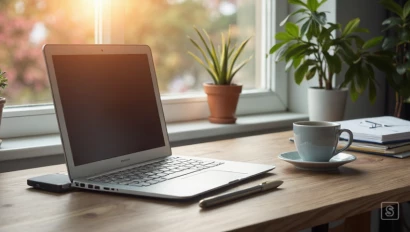 Opgeruimd bureau met laptop en planner.