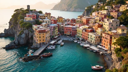 Een kleurrijk Italiaans kustplaatsje met bootjes in de haven.