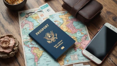 Reisbenodigdheden uitgestald op een houten ondergrond