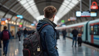 Reiziger die een rugzak op slot zet in een druk treinstation.