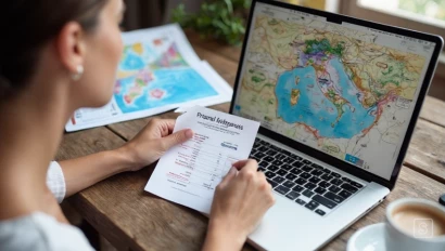 Vrouw die een reisbudget controleert op een laptop.