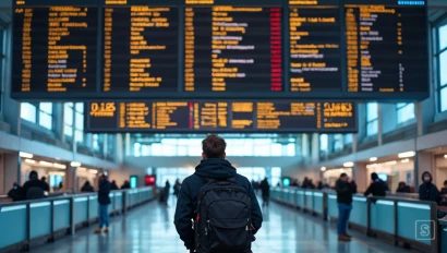 Drukke luchthaven met een reiziger voor het vertrekbord.