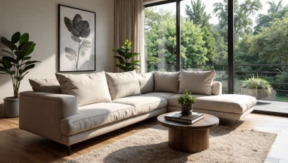 Lichte, moderne woonkamer met bank en uitzicht op tuin