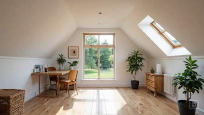 Lichte en ruime zolder omgebouwd tot thuiskantoor.