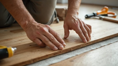 Close-up van handen die laminaatvloer leggen.