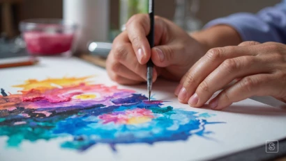 Handen schilderen een kleurrijk aquarellandschap.