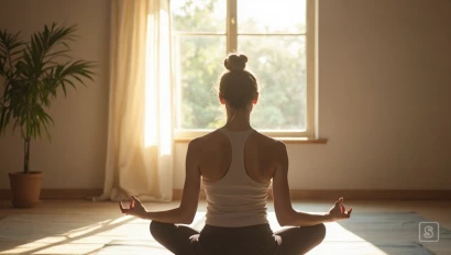 Een persoon mediteert rustig in een lichte yogastudio.