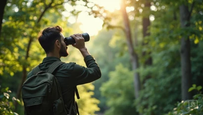 Vogelspotter met verrekijker in een groen bos.