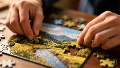 Handen leggen een landschapslegpuzzel.