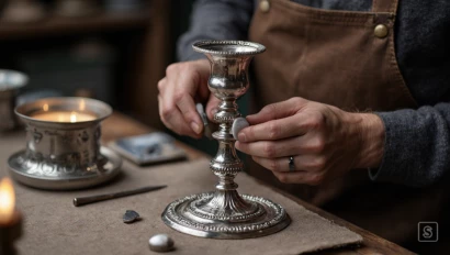 Zilversmid die een antieke kandelaar poetst.