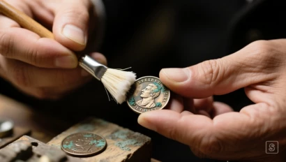 Handen van een verzamelaar die een aangetaste munt schoonmaken met zachte borstels.