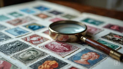 Een close-up van een geordende postzegelverzameling met een vergrootglas.
