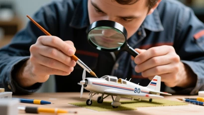 Een modelbouwer die fijne details verft op een vliegtuigmodel.