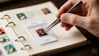 Persoon plaatst voorzichtig een postzegel in een beschermhoes.