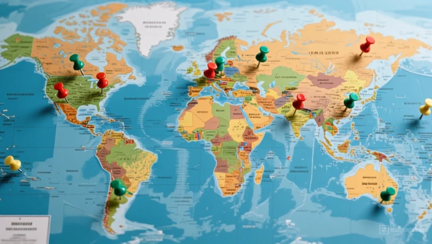 Een wereldkaart met pins die verschillende potentiële reisbestemmingen markeren.