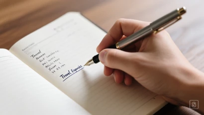 Een hand die reiskosten opschrijft in een notitieboekje.