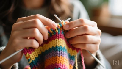 Close-up van handen die breien met kleurrijk garen.