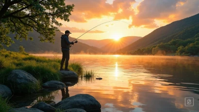 Een man die vist in een kalm meer bij zonsondergang.