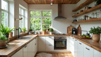 Duurzame keuken met gerecycled hout en energiezuinige apparatuur.