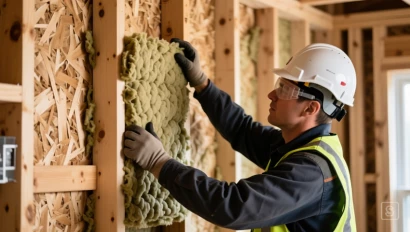 Een vakman die steenwol isolatie aanbrengt in een houten constructie.
