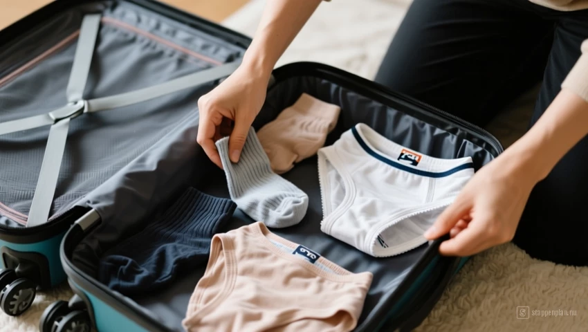 Iemand die gaten in een koffer opvult met sokken en ondergoed.