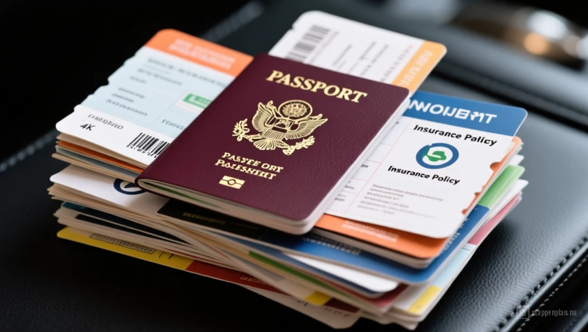 Een stapel reisdocumenten: paspoort, tickets, verzekeringspolis.