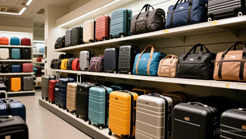 Een verscheidenheid aan koffers en reistassen in een bagagewinkel.