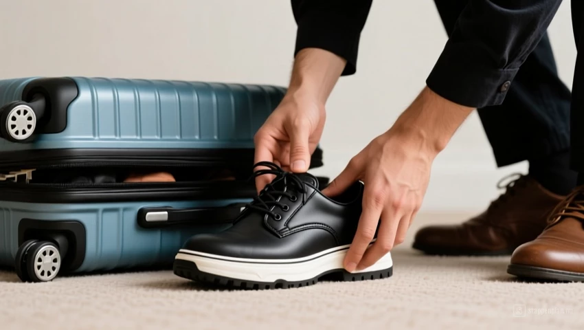 Iemand die zware schoenen op de bodem van een koffer plaatst.