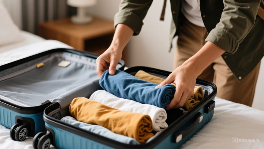 Een reiziger die efficiënt een koffer pakt met opgerolde kleding.