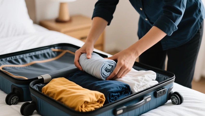 Iemand die efficiënt een koffer inpakt met opgerolde kleding.