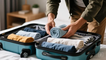 Een reiziger die efficiënt een koffer pakt met opgerolde kleding.