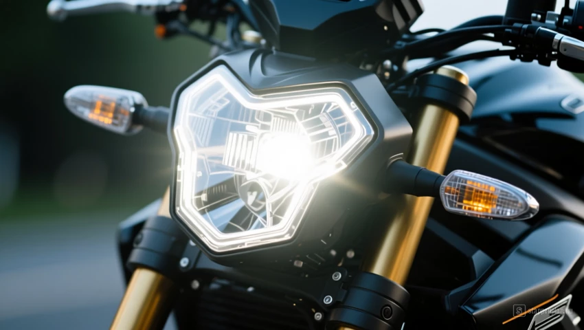 Close-up van een motorfiets koplamp die helder schijnt, waarbij de functionaliteit wordt gedemonstreerd.
