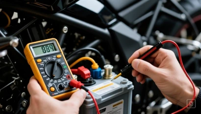 Het controleren van de spanning van de motorfietsaccu met een multimeter.