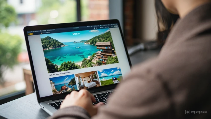 Iemand die prijzen vergelijkt op een laptop met meerdere reiswebsites open.