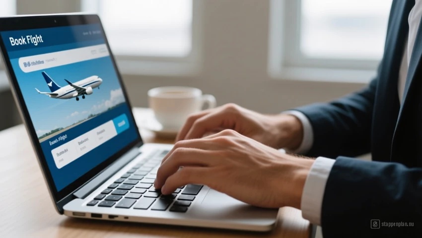 Iemand die snel op een laptop typt om een vlucht te boeken.