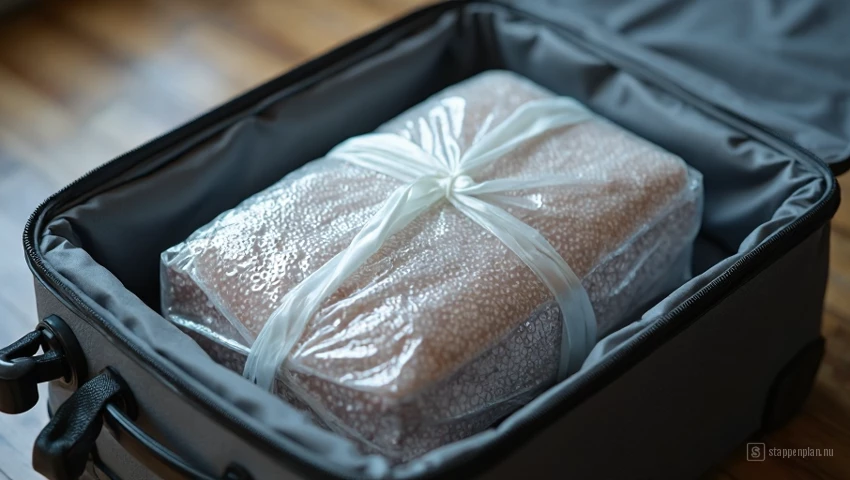 Een close-up van een breekbaar item gewikkeld in noppenfolie en geplaatst in een koffer.