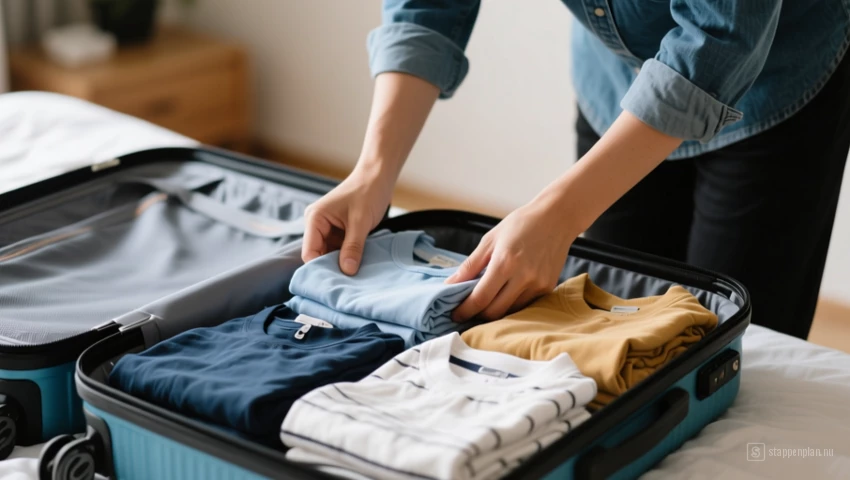 Een persoon die zorgvuldig een koffer inpakt met netjes opgevouwen kleding.