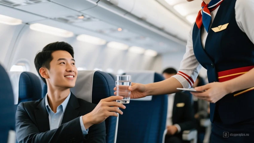 Een passagier die een glas water van een stewardess ontvangt.