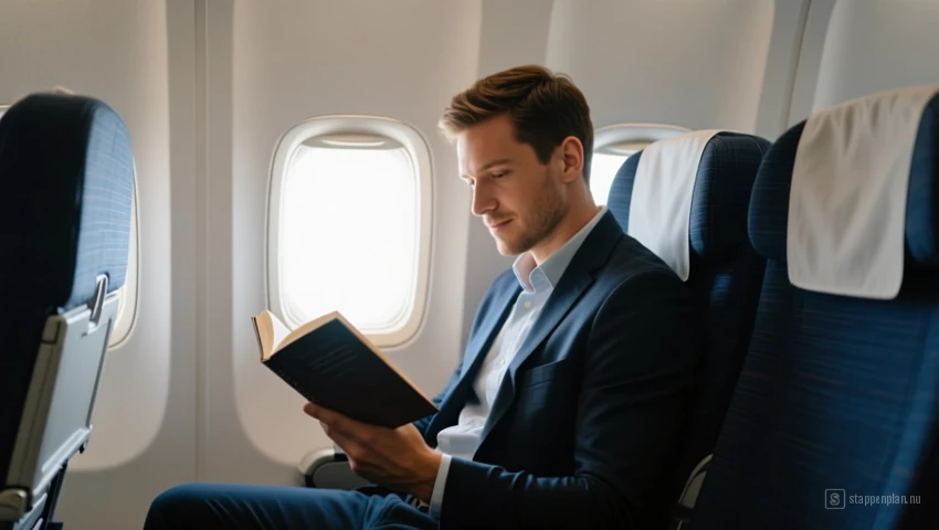 Een passagier die een boek leest in een vliegtuig.