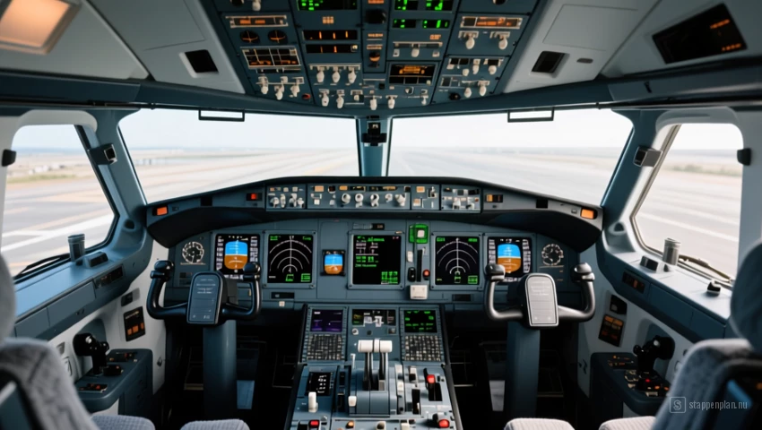 Interieur van een commercieel vliegtuig, met diverse instrumenten en bedieningselementen.